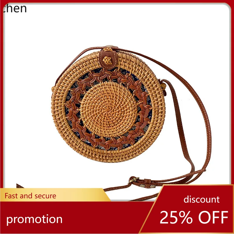 

YFY Vintage Artistic Travel Handmade Woven Crossbody Basket Bag with Colorful Round Leather Buckle