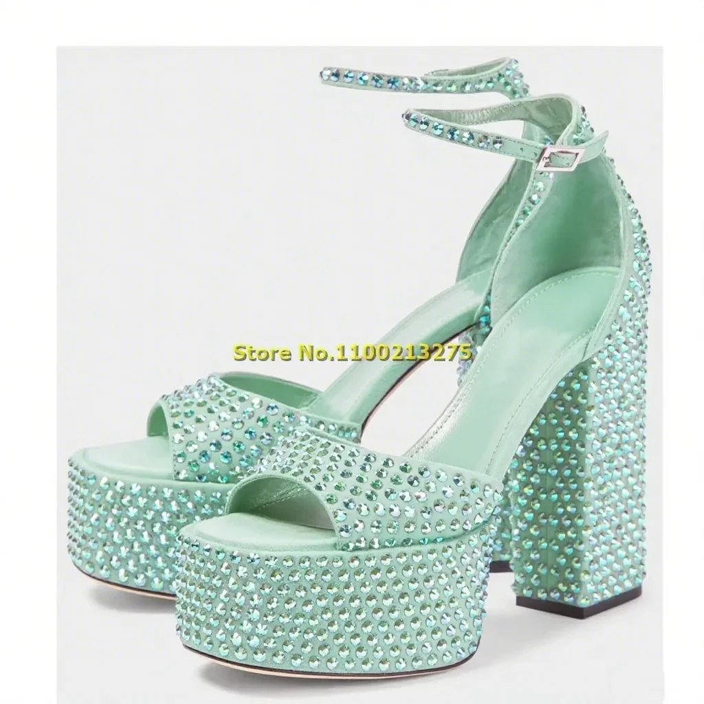Crystal Embellishments Pink Sandals Block Heel Platform Silver Purple Handmade Ankle Buckle Strap Open Toe 2024 Summer Sandals