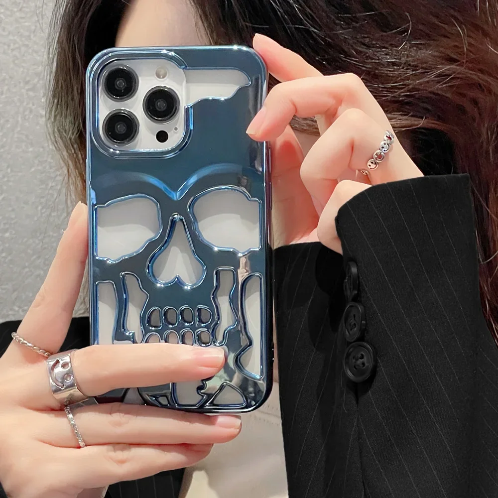 3D Hohl schädel Kallus Fall für iPhone 15 14 Promax 16 plus 13 12 11 16 Pro Max Luxus beschichtung stoß feste Ghost face Softcover