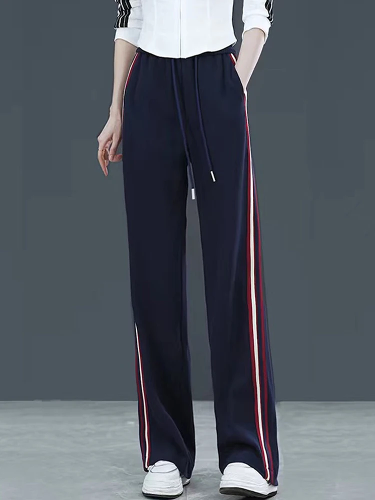 High Waist Casual Women's Sport Pants Spring Autumn 2026 New Style Side Stripe Straight Leg Loose Wide Leg Pants