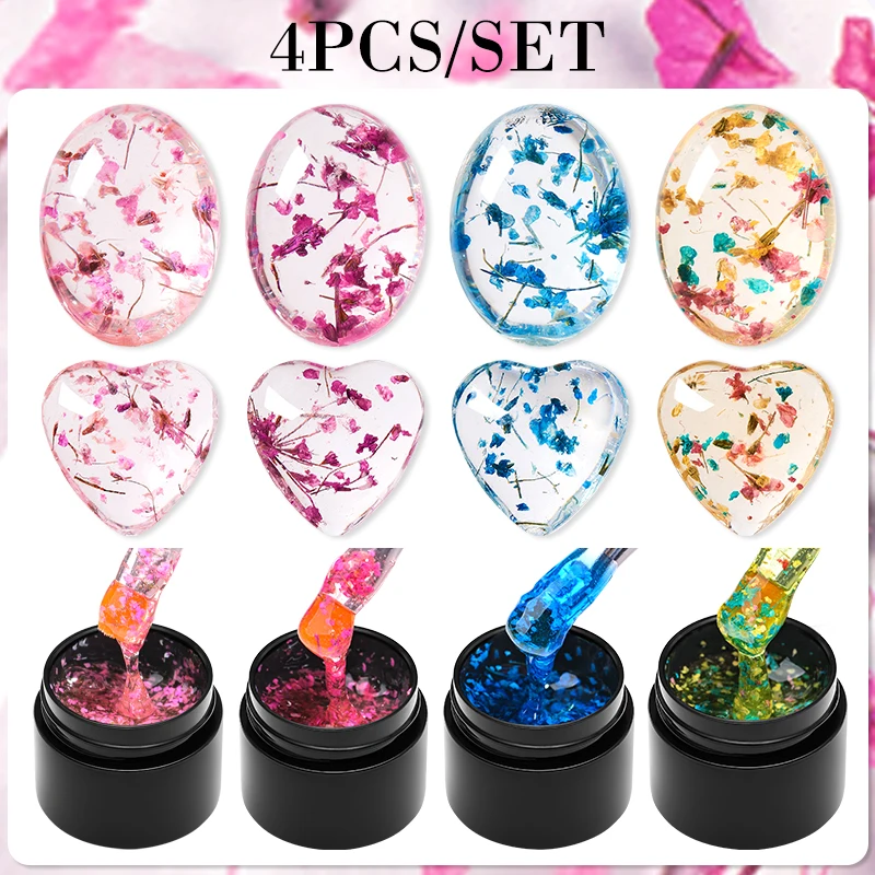 

4/6Pcs Set Natural Dried Flowers Gel Nail Polish Set For Manicure Translucent Floral Series Uv Gel Soak Off Varnish Nail Art Kit