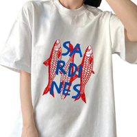 Cartoon Sardine and Letter Print Short-sleeved Tees Casual and Versatile Style Suitable Cotton Shirt Oversize Clothing Summer