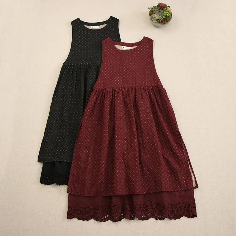 

Autumn New Mori Girl Vintage Plaid Fake Two Pieces Cotton Tank Dress Women O-Neck Sleeveless Casual Loose Black Vest Dresses