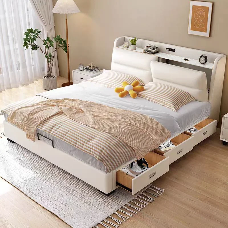 Cream Storage Bed Genuine Leather Multifunctional Modern High End Frame Bed Master Bedroom Lazy Confortable Muebles Furniture