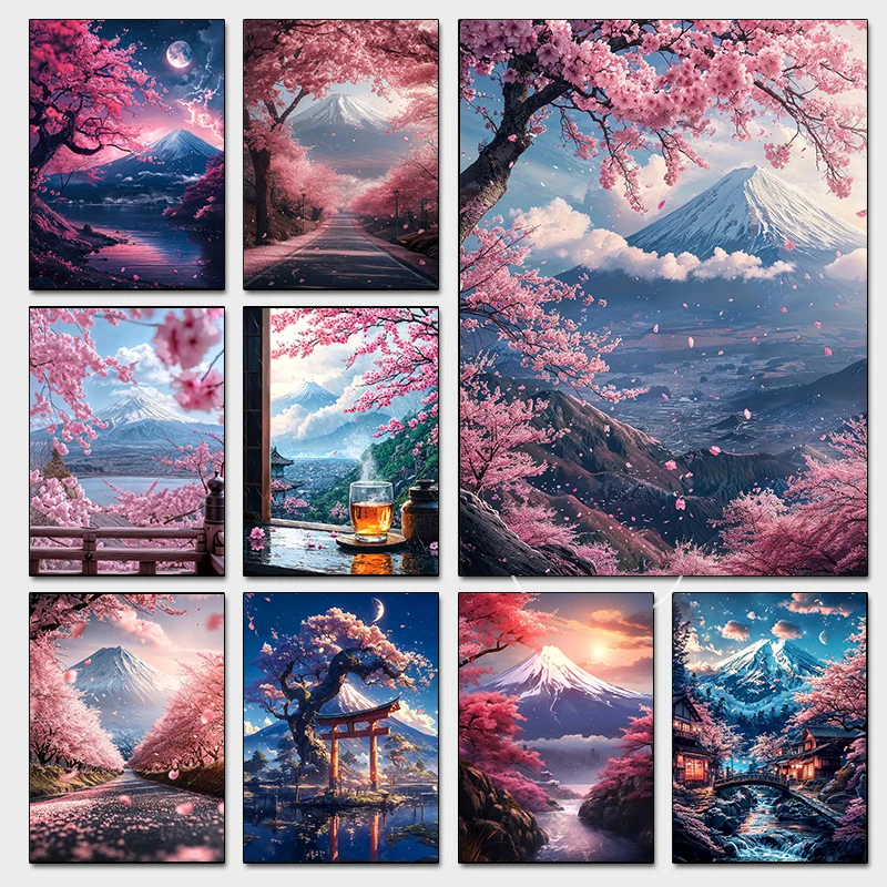 Póster de flores de cerezo japonesas en el Monte Fuji, impresiones de viajes asiáticos de ciudad rosa claro, pintura en lienzo, imágenes de pared, decoración de la habitación del hogar