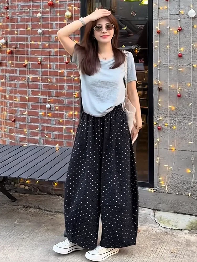 

Korean Style High Waist Elastic Wide Leg Nine Pants Women Summer New Fashion Slimming Popular Heart Spots Casual Trousers