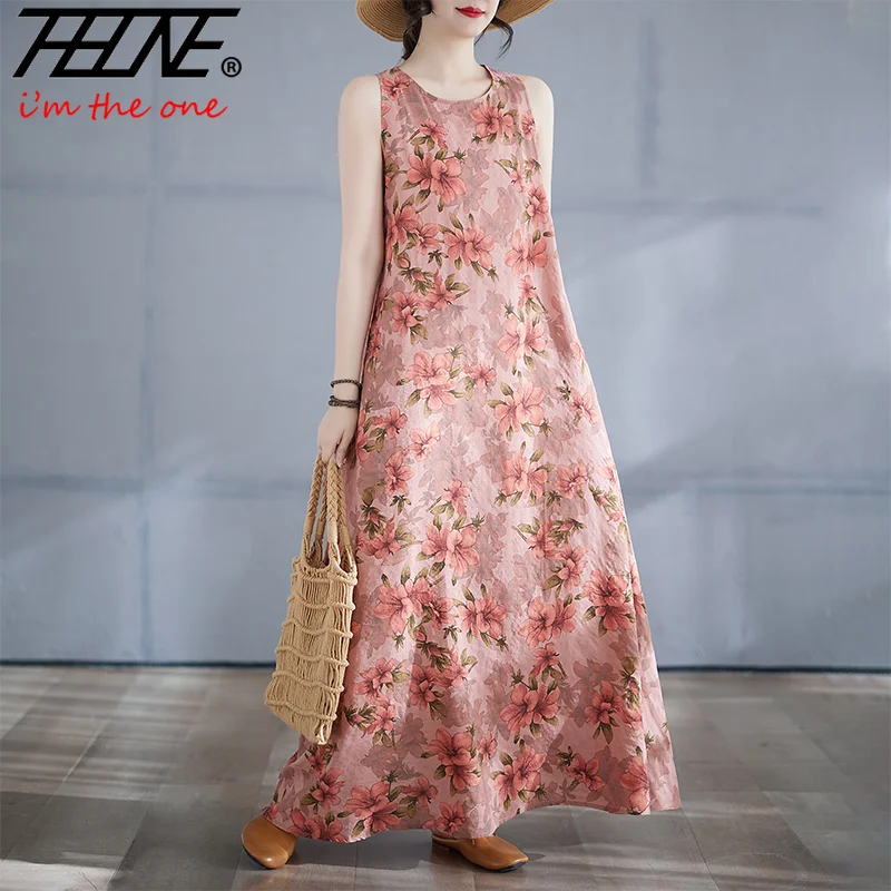 THHONE Vestido Feminino Summer Dress Women Sleeveless Robe Tank Bohemian Beach Style O Neck Print Elegant Women's Loose Dresses