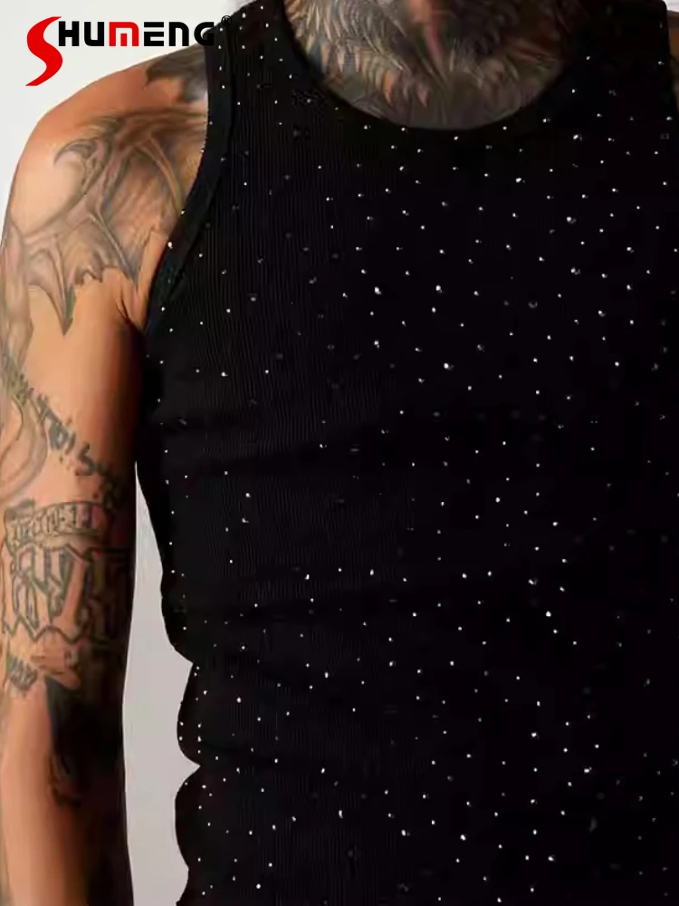 

2025 Men's Summer New Slimming Handsome Blingbling Chic Vests Hot Diamond Starry Sky Sleeveless Tops Men's Solid Color Tank Tops