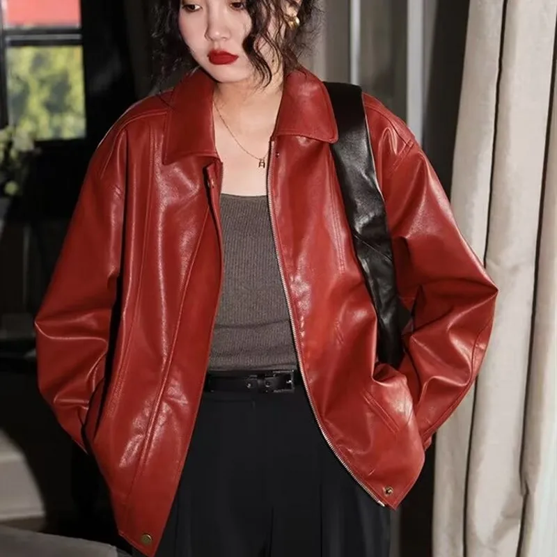 Punk Vintage Red Leather Jacket Women Streetwear Moto Biker Zipper Leather Jacket Female Winter High Street Chic Leather Coat