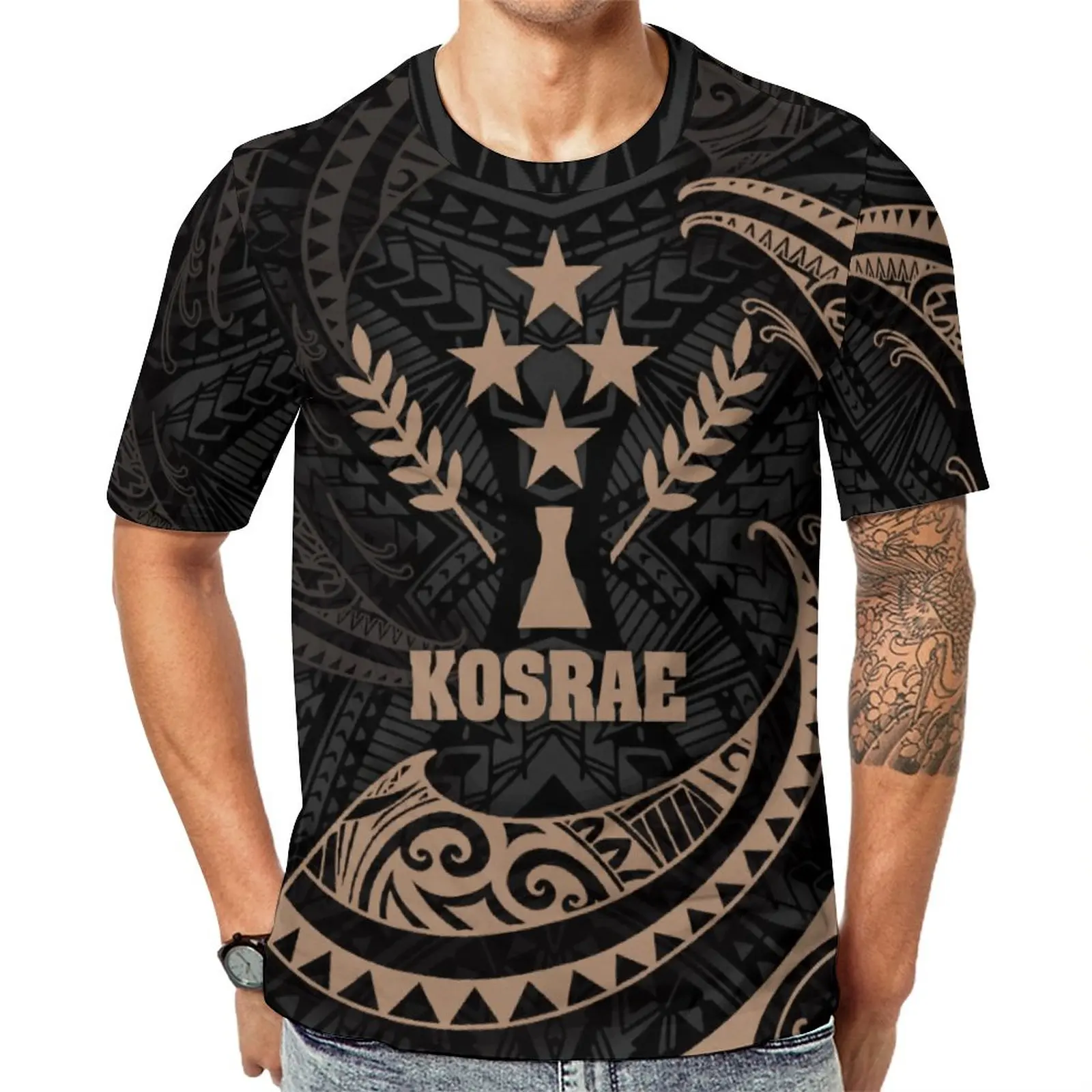 Fashion  HD print Custom Design Polynesian Traditional Tribal Pattern Polyester T Shirt Short Sleeve Comfortable Wholesale Men