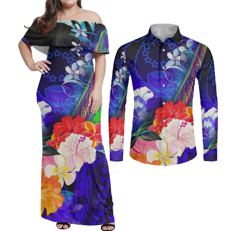 HYCOOL Polynesian Island Matching Valentine Outfits For Couples Hibiscus Print Sexy Bodycon Teal Off Shoulder Dresses For Women