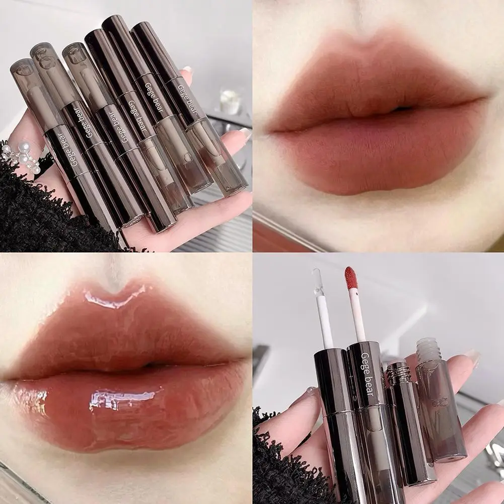 Double-ended Lip Glaze Matte Water-gloss Mirror 2 in 1 Lipgloss Lasting Non-stick Clear Liquid Lipstick Waterproof Korean Makeup