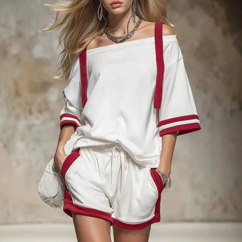 

2026 Spring/Summer Women's Set: Off-the-shoulder top, short-sleeved T-shirt + shorts - casual sportswear set