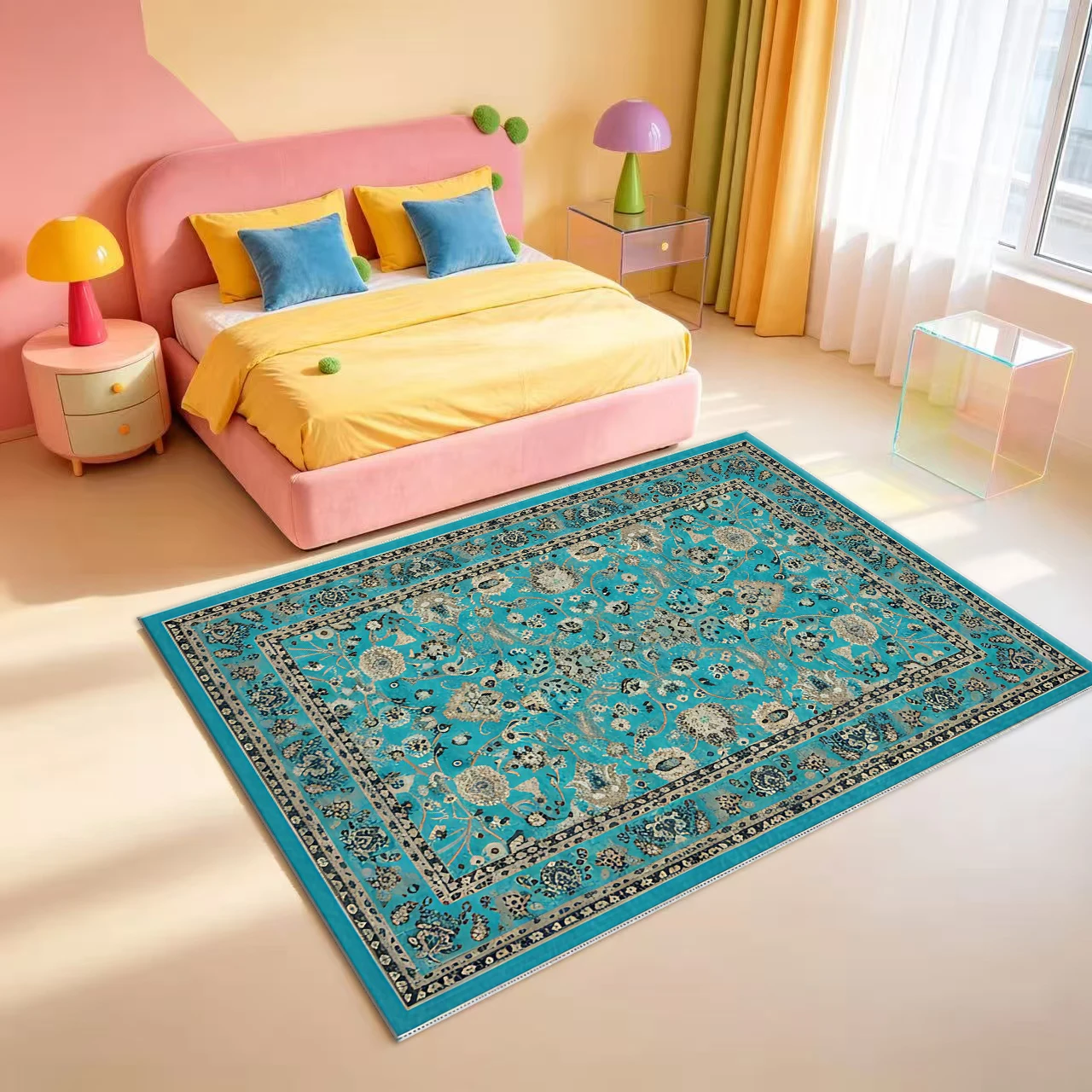 Turquoise Vintage Oriental Floral Area Rug, Antique Ornate Medallion Floor Carpet for Living Room Bedroom Home Interior Decor