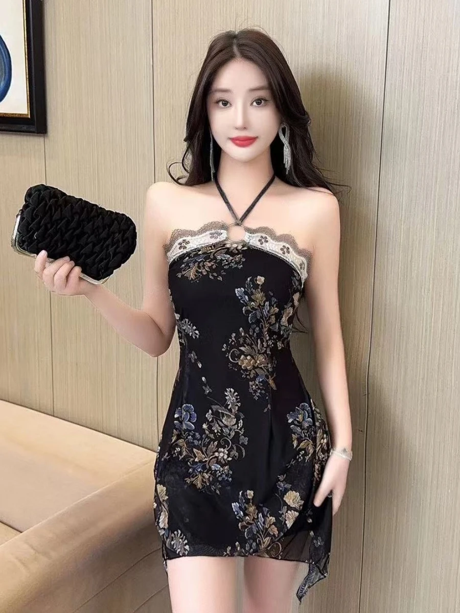 Sexy Sweet Retro Embroidered Lace Patchwork Hanging Ne Strapl Dr Pure Desire Waist Cinching Asymmetrical ort Skirt