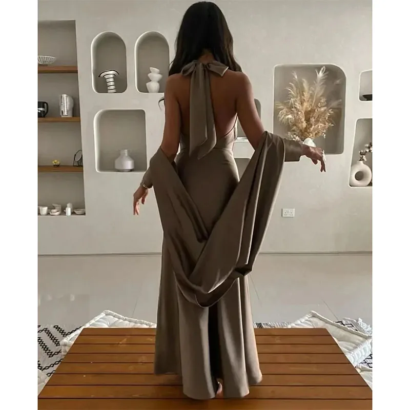 Sexy Gray Evening Dress 2024 V-Neck Ruffle Ribbon Bow Backless Women Prom Formal Gowns Custom Made Robe De Soiree