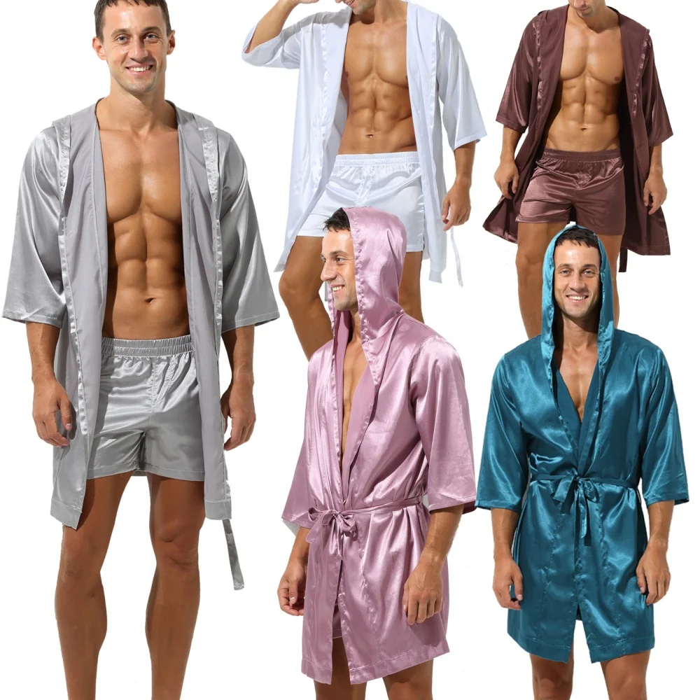 

Мужской халат с капюшоном и шортами, комплект с коротким рукавом, мужская пижама, банный халат, летняя шелковая атласная ночная рубашка, кимоно, халат, одежда для сна