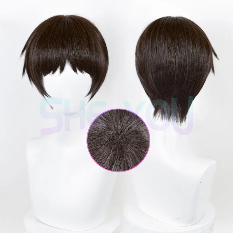 Ikari Shinji Cosplay Wig Anime EVA Short Dark Brown Scalp/Frizzy Heat Resistant Synthetic Hair Halloween Party Wigs + Wig Cap