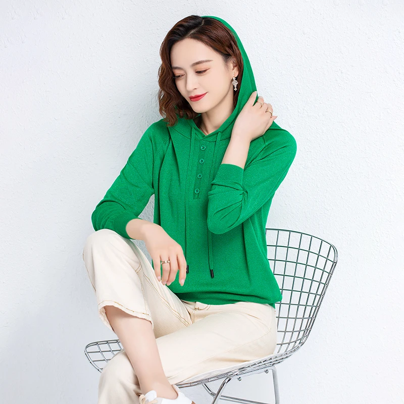 High Quality Women's Sweater Blouse 2022 Spring & Summer Fashion Hooded Knit  T Shirts Elegant Ladies Knitwear Tops