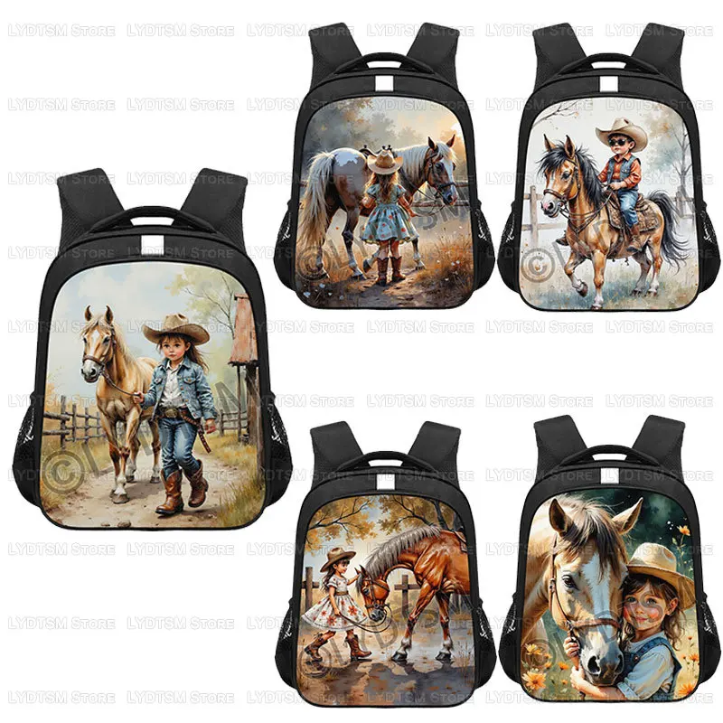 

14/16 Inch Cute Girl Boys with Horse on The Farm Print Backpack Reflective Stripe Children School Bags Teenager Daypack Bookbag