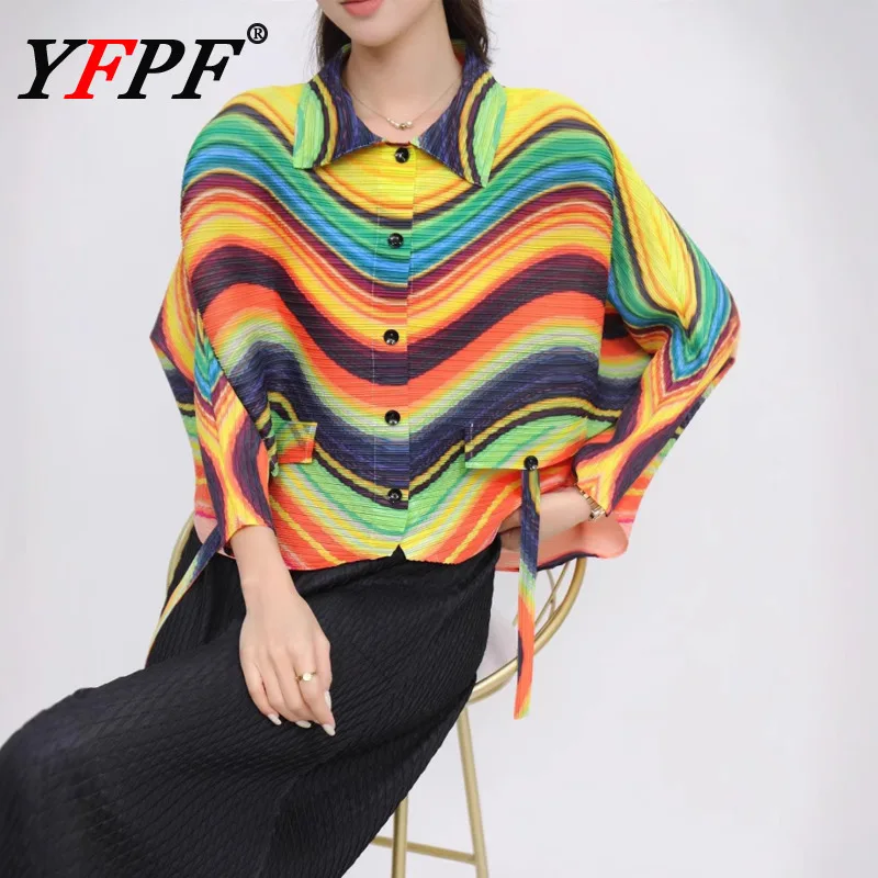 

YFPF 2025 Colorful Striped Prnit Shirt Women Miyake Pleated Lapel Button Loose Contrast Color Blouse Casual 2025 New Clothing