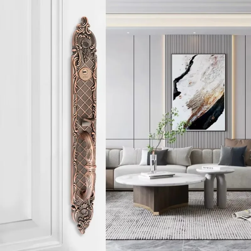 European Style Villa Door Exterior Red Bronze Double Pull Sliding Zinc Alloy Antique Furniture Combination Door Lock