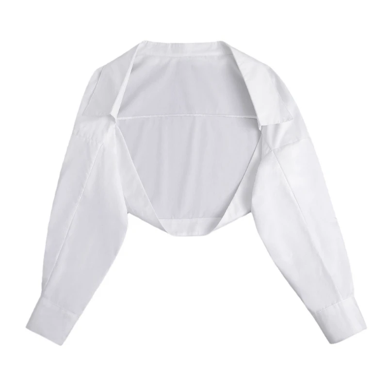 F42F Witte bovenkleding met nepkraag voor dames, crop-top jassen met mouwen en open voorkant