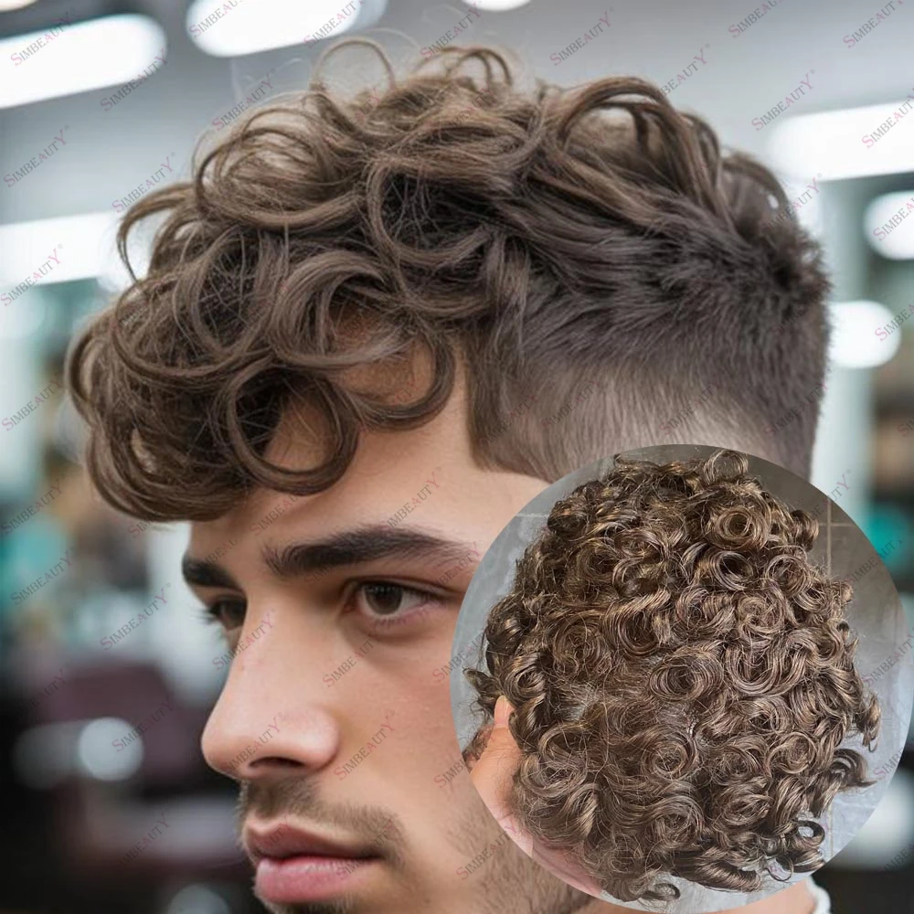 

Мужские крутые коричневые 22 мм вьющиеся человеческие волосы 6 дюймов для инъекционной кожи, мужской парик 0,1 мм, тонкая кожа, естественная линия волос, мягкие протезы из искусственной кожи