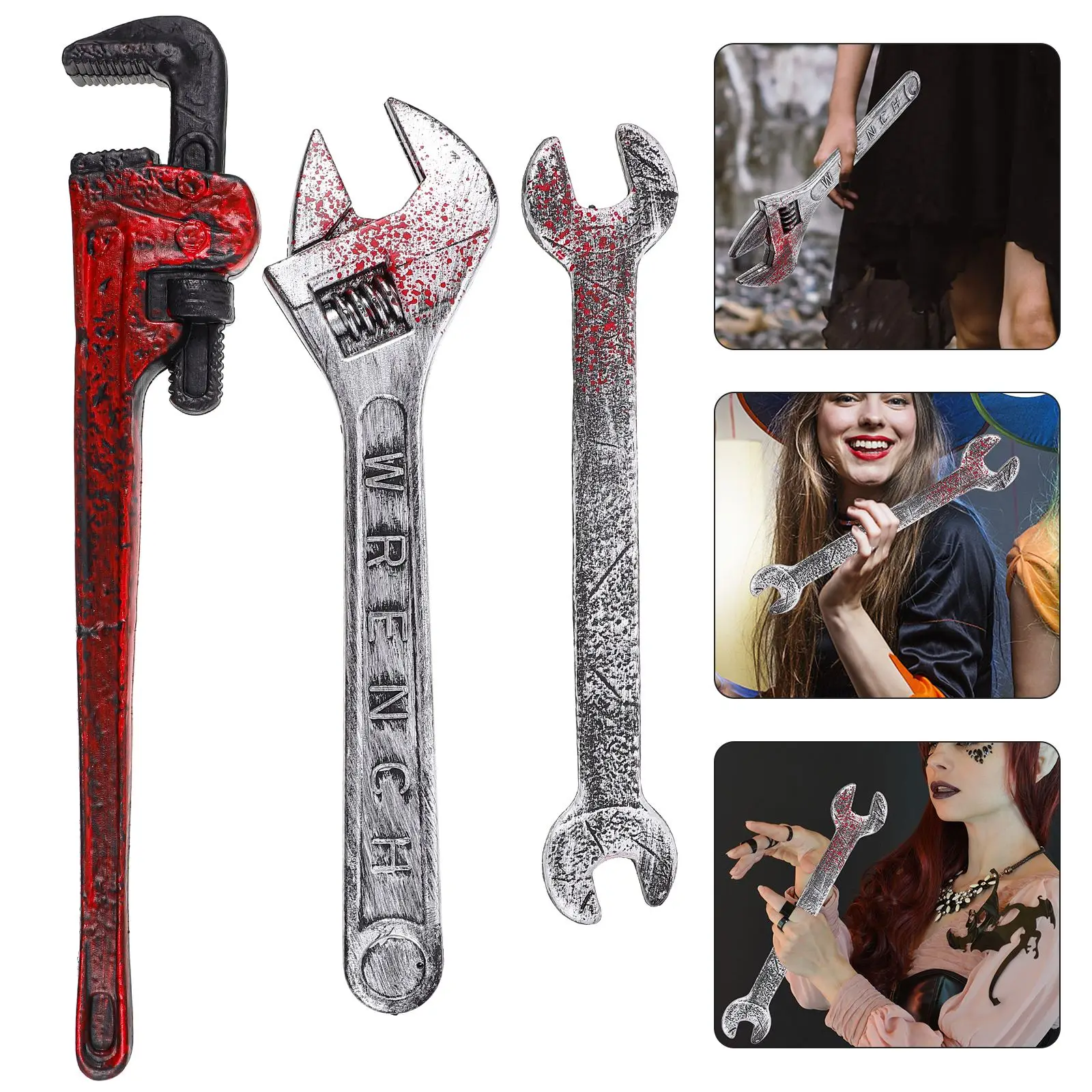 3pcs Halloween Props Realistic Movie Foam Bloody Claw Hammer Wrench Tool Horror Funny Decor NEW Window Warning line Plastic