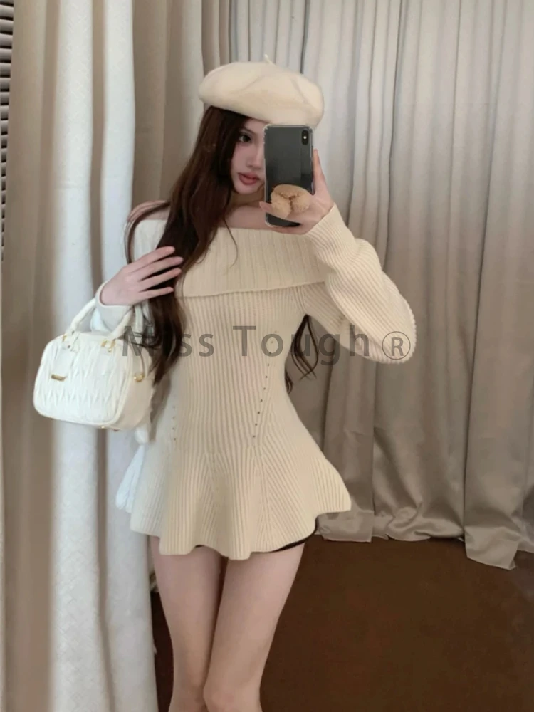 Off Shoulder Sweet Y2k Sweater Women Slash Neck Ruffles Knitted Slim Elegant Tops Female Korean Fashion Casual Pullovers 2024