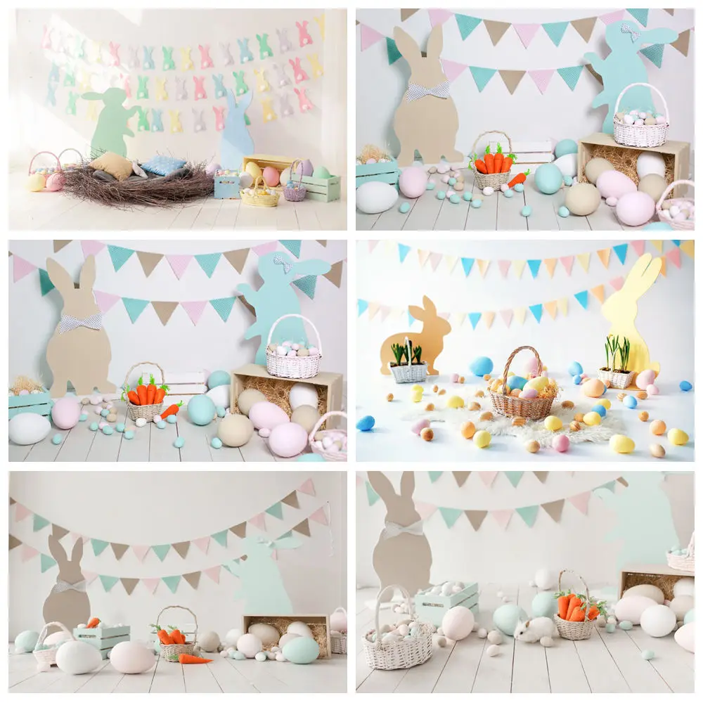 Spring Easter Photography Backdrops Rabbits Eggs Basket Spring Flowers Garden Baby Portrait Background Decor Photo Studio Props