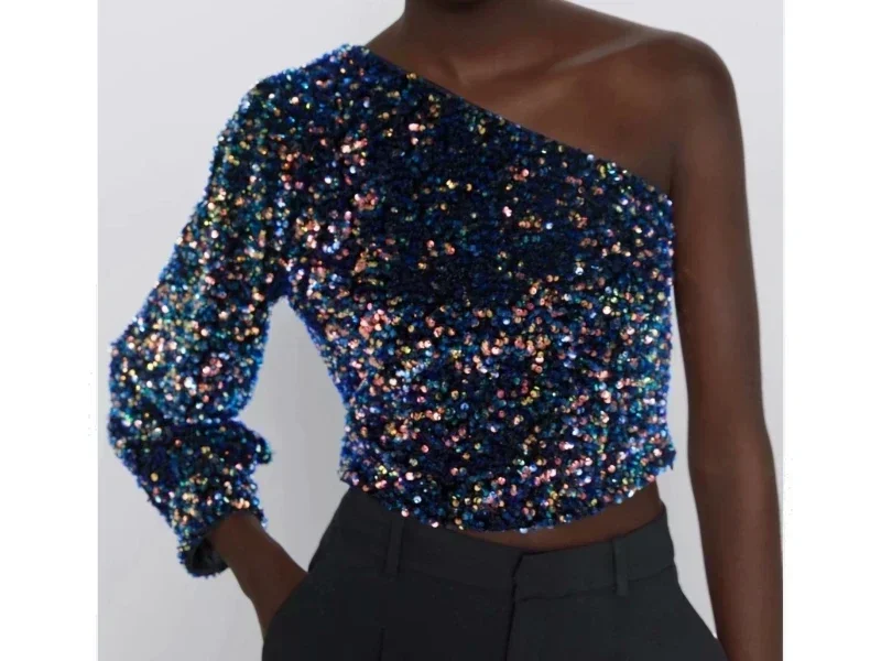 New Women Blouse Sequins Decoration Asymmetry Single Shoulder Shirts Female Nine Quarter Sleeve Roupas Leisure Blouse Chic Tops