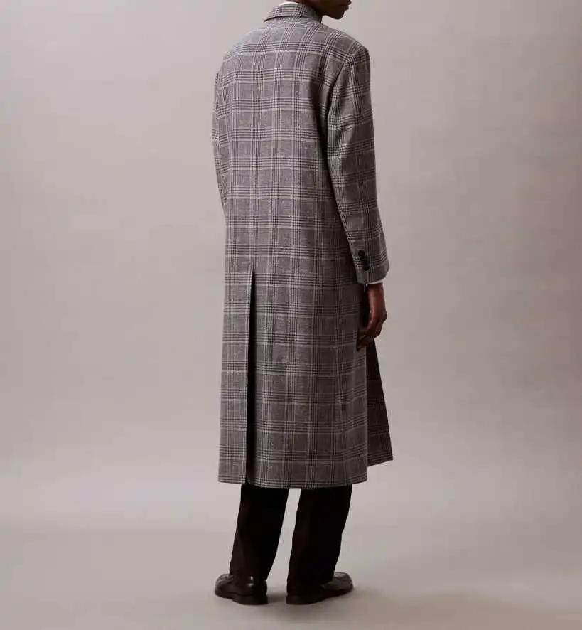 Casual Men's Plaid Long Trench Coat Single Breasted Wool Blends Overcoat Winter Thick Customized One Piece