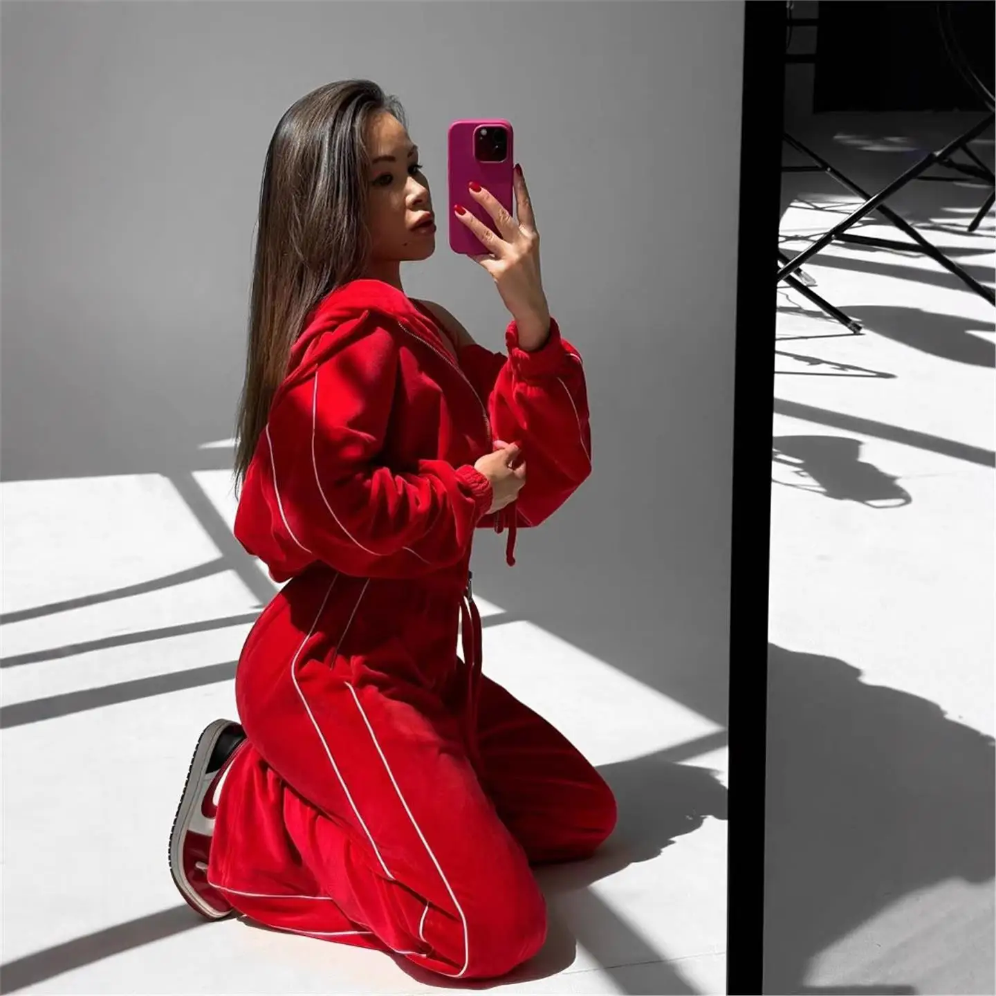 New Velvet Sport Set with Bar Stripe Hooded Open Cardigan Jaet Belted Wide Leg Pants Two Piece Set Women Faion Casual Winter