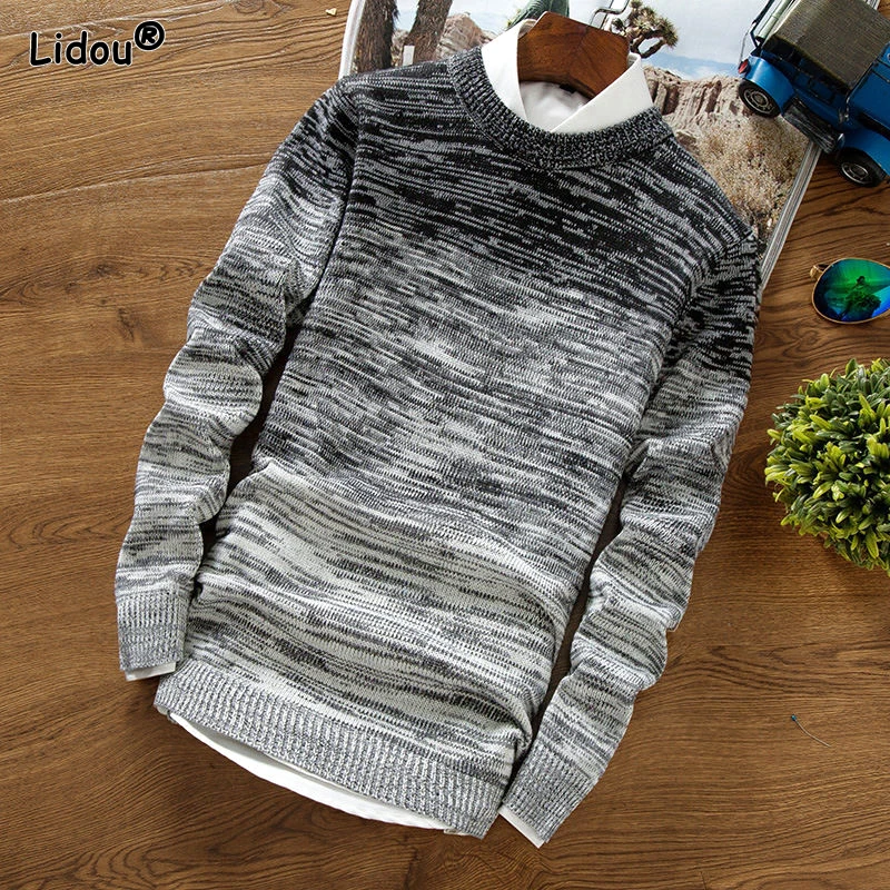 2023 New Autumn and Winter Trendy and Simple Casual Threaded Round Neck Contrasting Color Long Sleeved Men's Knitted Sweater