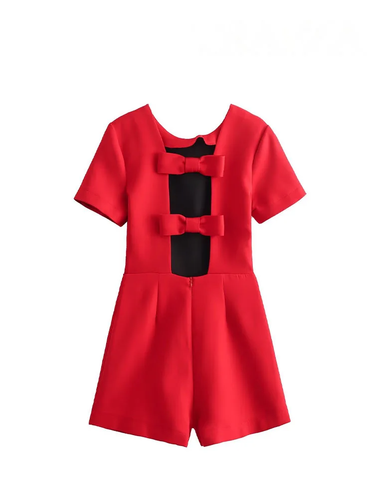 HH Jumpsuit Wanita Musim Panas Model Chic Warna Merah Kerah O Lengan Pendek Punggung Terbuka Hiasan Pita Romper Gaya High Street