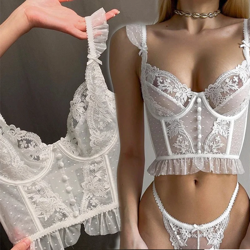 French Style Lace Lingerie Fishbone Summer Lolita White Sheer Tight-fitting Bra Vest Shaping Gathering Charms Outerwear Bra Set