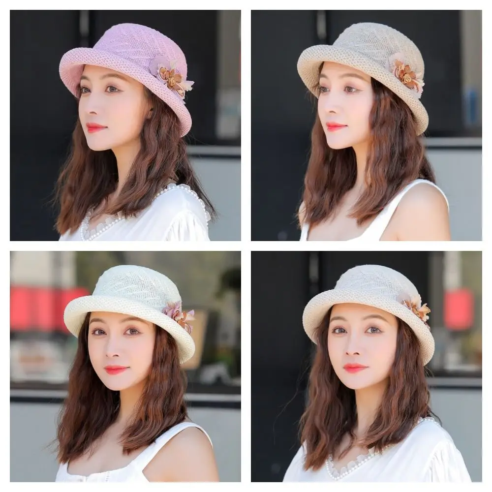 أنيقة تنفس القش دلو القبعات قبة مع عقدة زهرة سلة مغزولة قبعة ظلة قبعة السفر #3