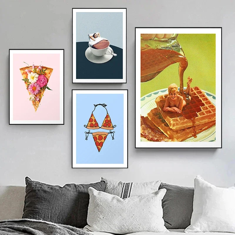 Multiple sizes 1pc frameless Large size Canvas Painting,Nordic Decor Pizza Coffee Funny Character Painting Canvas Poster Printin