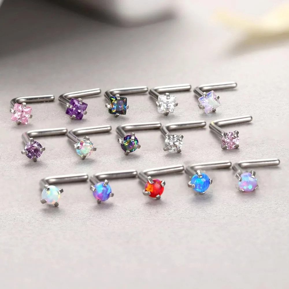 FINREZIO 1Pc Surgical Stainless Steel Nose Rings 20G Premium Hypoallergenic Stylish L-Shaped Screw Studs with CZ Safe Non-Toxic