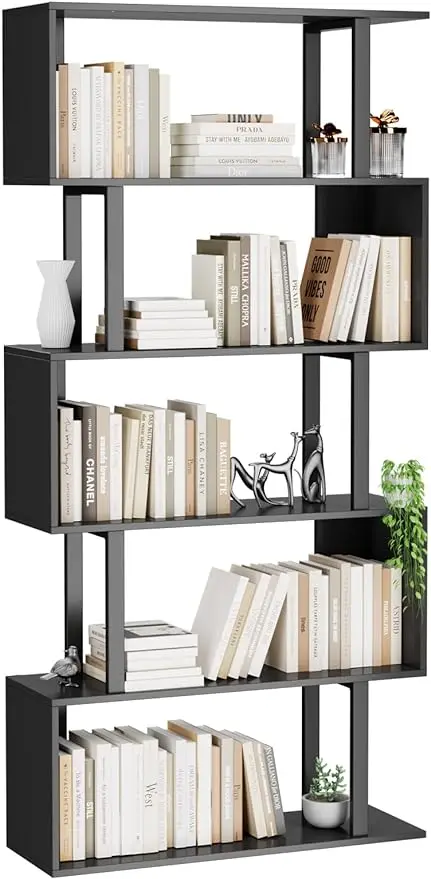 

5-Tier Geometric Bookcase S Shaped Bookshelf Wood Decorative Storage Shelving Modern Freestanding Display Shelves