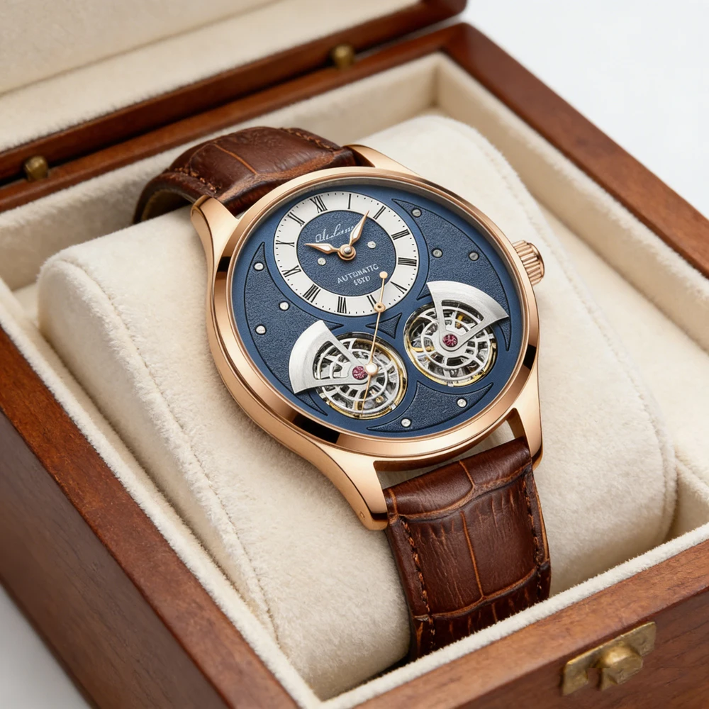 

Мужские часы AILANG класса люкс с двойным турбийоном, кожаные, водонепроницаемые, механические, классические, автоматические, Reloj