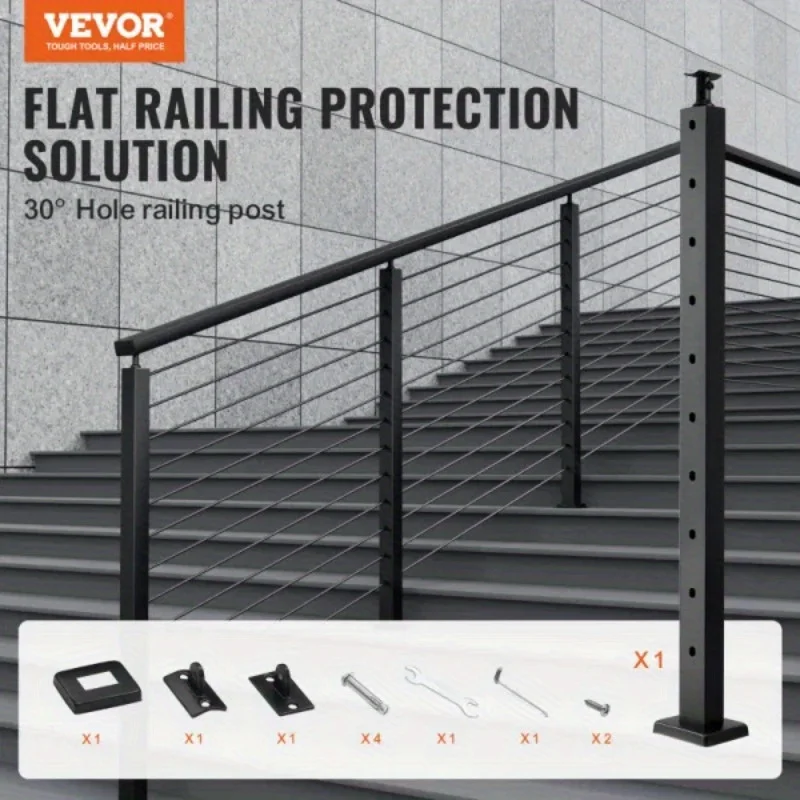 VEVOR-Cabo Railing Post, 30 ° Angled Hole, Stair Railing Post, 10 furos pré-perfurados, SUS304 Aço Inoxidável, 36 "x 1" x 2"