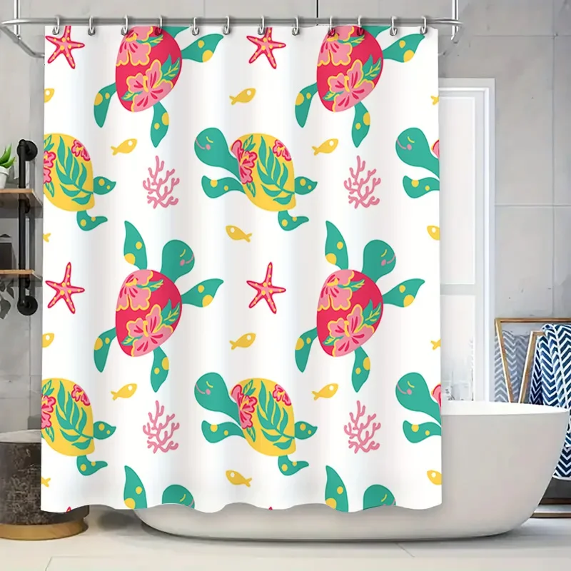 

Vibrant Turtle Flower Shower Curtain Tropical Fish Bath Decor Set White Backdrop with Colorful Sea Life Print