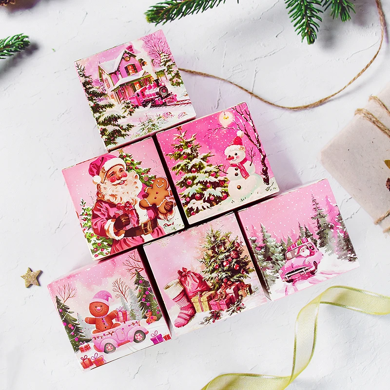 6pcs Pink Merry Christmas Candy Snack Packaging Boxes Snowman Santa Claus Handbag Home Xmas New Year DIY Party Gifts Decor Boxes