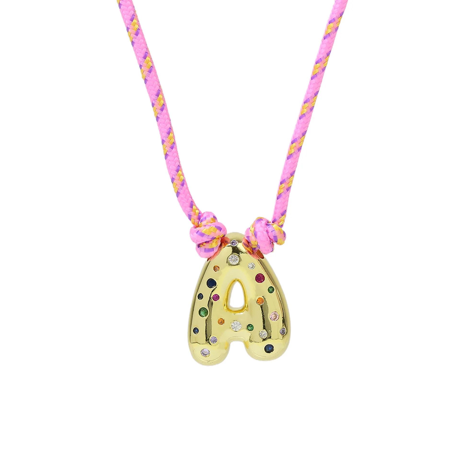 Kleurrijke Zirconia Chunky Bubble Letter Hanger Ketting voor Vrouwen Mode Roze Touw Ketting 18K Vergulde Sieraden Gift - afbeelding 2