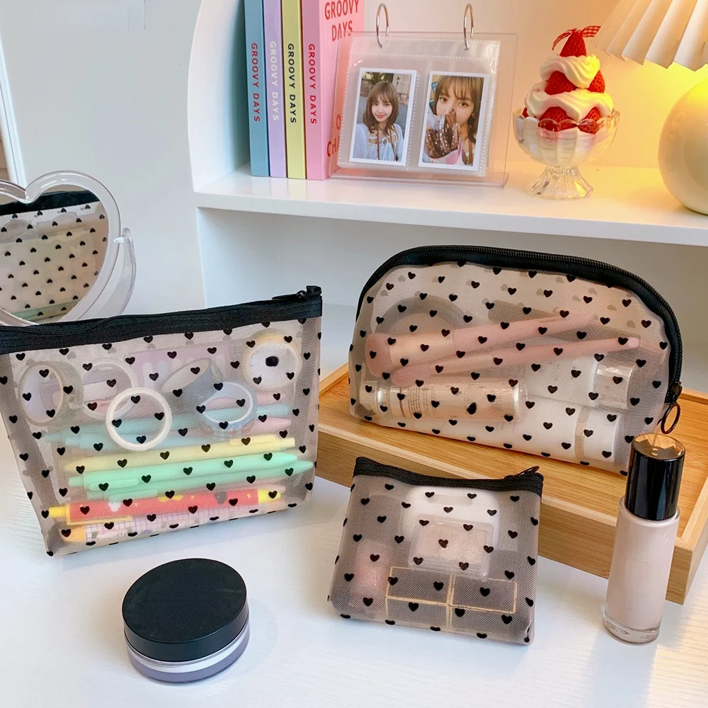 Fashion Black Dot Transparent Mesh Cosmetic Bag New Zipper Women Travel Toiletry Wash Makeup Bag Storage Case Make Up Bags