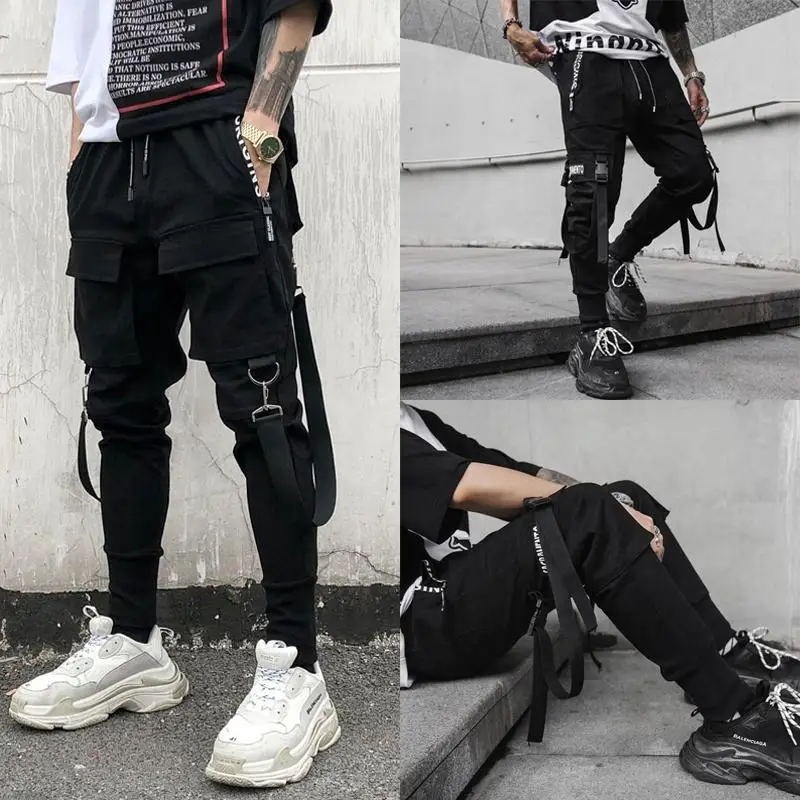 Men Joggers Pants Spring Autumn  Casual Muti Pocket Drawstring Elastic Waist Slim Long Street Wear Goth Gothic Punk  Black