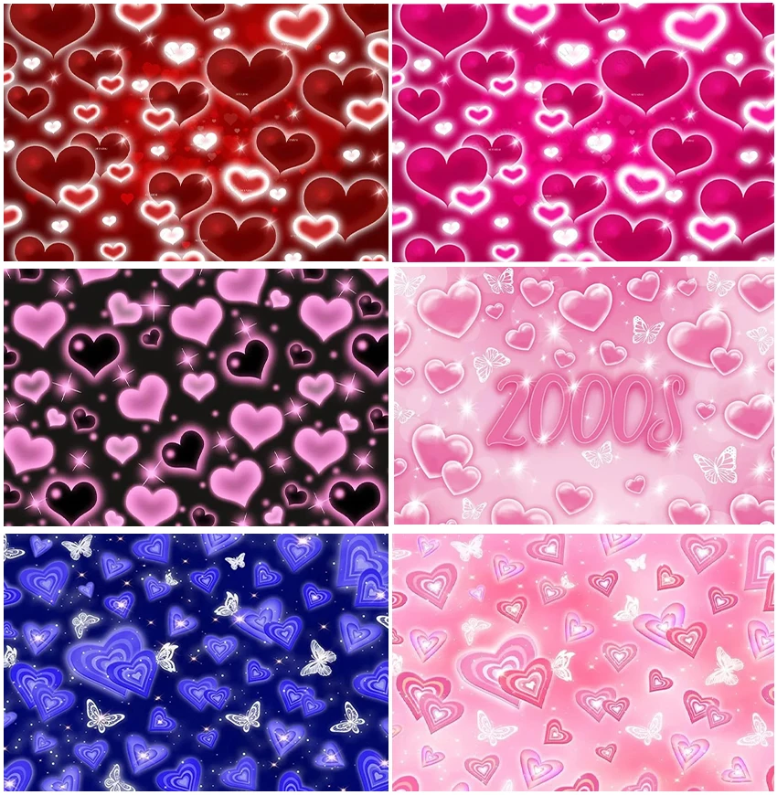 Retro 2000s Y2k Style Valentine's Day Backdrops Pink Red Heart Birthday Wedding Decor Backgrounds Love Shiny Bokeh Photo Shoot