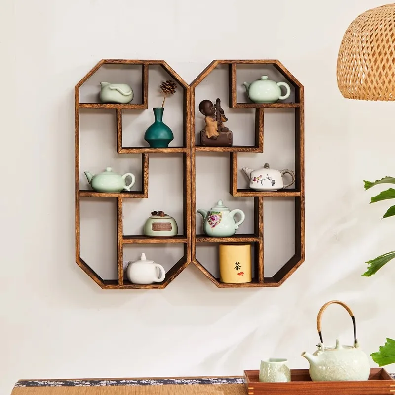 Solid wood Chinese wall hanging Bogu frame Duobao Pavilion shelf, teacup and teapot placement, wall decoration